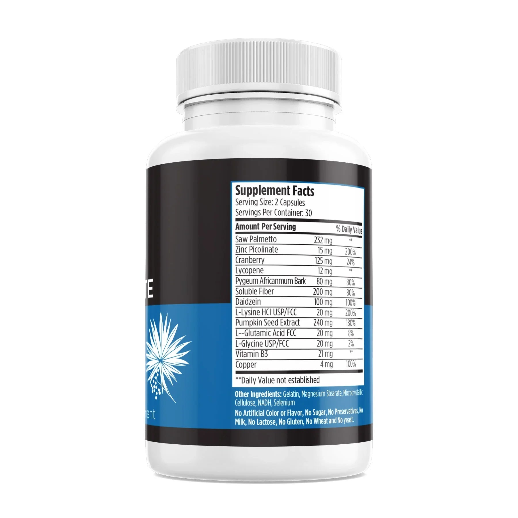Supplement facts label on a white bottle with blue and black design, listing ingredients like Saw Palmetto and Zinc Picolinate