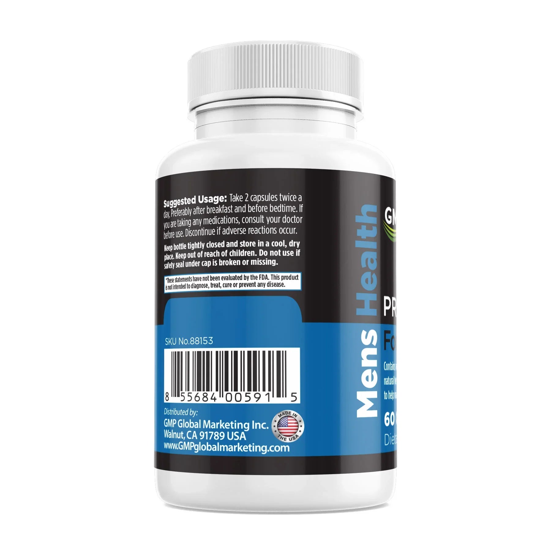 Mens Health supplement bottle with usage instructions, made in USA, 60 capsules
